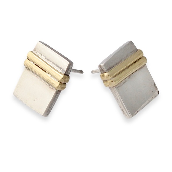 Vintage Sterling Silver & Brass Rectangle Stud Earrings Two Tone Mixed Metal - Picture 4 of 5